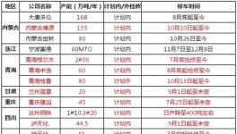 國(guó)內(nèi)主要甲醇裝置檢修表